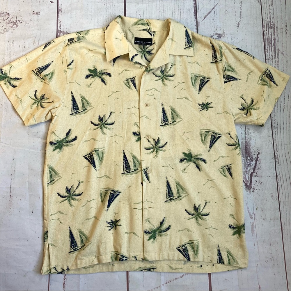 Robert Louis L Large Beige 100% Silk Button Shirt Novelty Sail Boat Palm Print